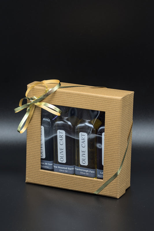 Roasted Garlic Olive Oil/Olive Cart 25 Year Dark Balsamic, Scarborough Fare Olive Oil/ Lambrusco Red Wine Vinegar